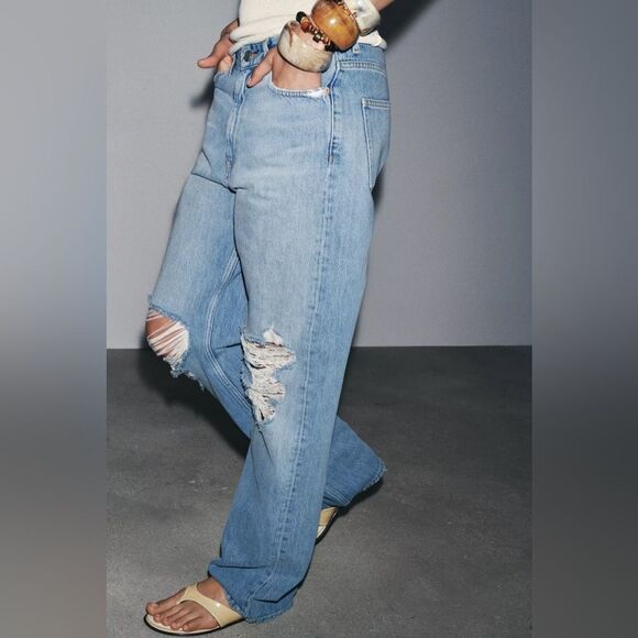 ZARA ZW COLLECTION MID-RISE RIPPED STRAIGHT JEANS - Picture 3 of 7